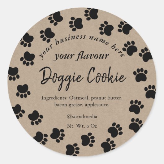 kraft bruin papier hond poot pad doggie cookie ronde sticker (Voorkant)