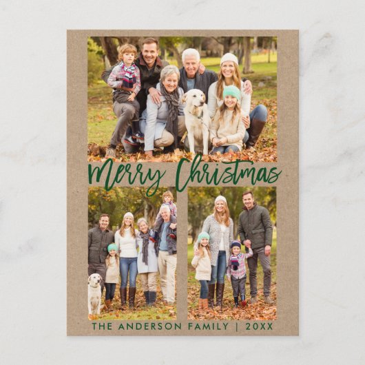 Kraft Brush Script Family 3 Photo Merry Kerstmis Briefkaart (Voorkant)