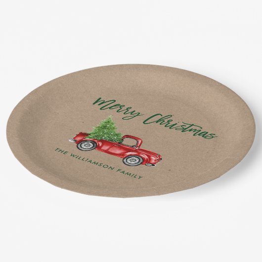 Kraft Brush Script Rode Vrachtwagen Kerst Papieren Bordje (Gekanteld)