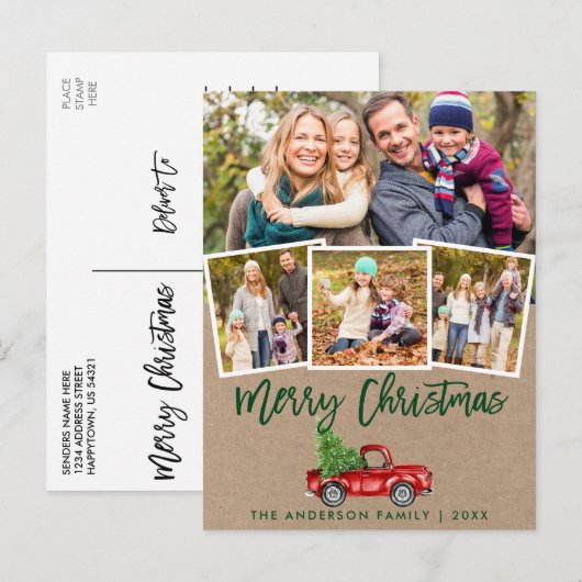 Kraft Brush Script Truck Christmas 4 Foto Briefkaart (Voorkant / Achterkant)