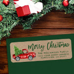 Kraft Brush Script  Truck Christmas Green Etiket<br><div class="desc">Kraft Brush Script Waterverf  Rode Vrachtwagen met Kerstboom - Merry Christmas Family Return Address Label</div>