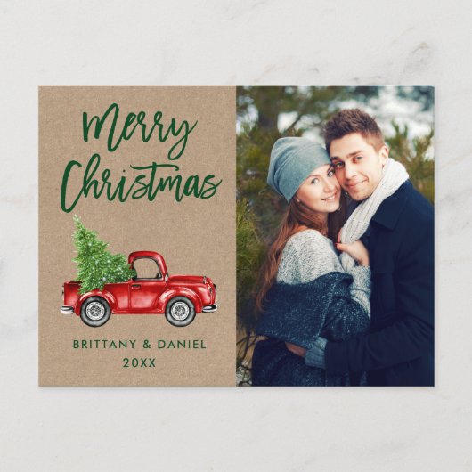 Kraft Brush Script Truck Couple Photo Kerstmis Briefkaart (Voorkant)