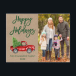Kraft Brush Script  Truck Photo Feestdagen Briefkaart<br><div class="desc">Kraft Green Brush Script Waterverf  Red Truck met kerstboom - Prettige feestdagen Family Photo Briefkaart</div>