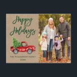 Kraft Brush Script  Truck Photo Feestdagen Briefkaart<br><div class="desc">Kraft Green Brush Script Waterverf  Red Truck met kerstboom - Prettige feestdagen Family Photo Briefkaart</div>