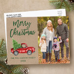 Kraft Brush Script  Truck Photo Kerstmis Briefkaart<br><div class="desc">Kraft Groene Borstel Script Waterverf  Rode Vrachtwagen met Kerstboom - Merry Christmas Family Photo Briefkaart</div>