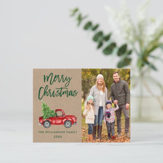 Kraft Brush Script  Truck Photo Kerstmis Briefkaart (Staand voorkant)