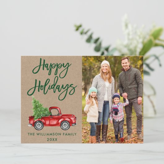 Kraft Brush Script Vakantie  Truck Photo Feestdagenkaart (Staand voorkant)
