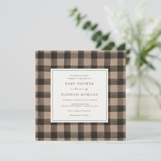 Kraft Buffalo geruite baby shower uitnodiging (Staand voorkant)