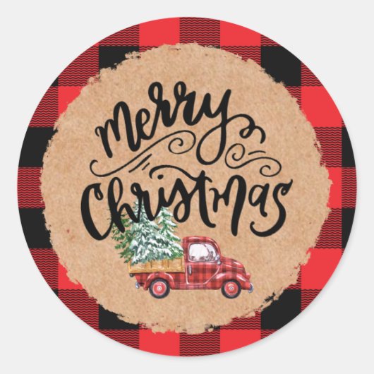Kraft Buffalo Plaid Script Christmas Holiday Truck Ronde Sticker (Voorkant)