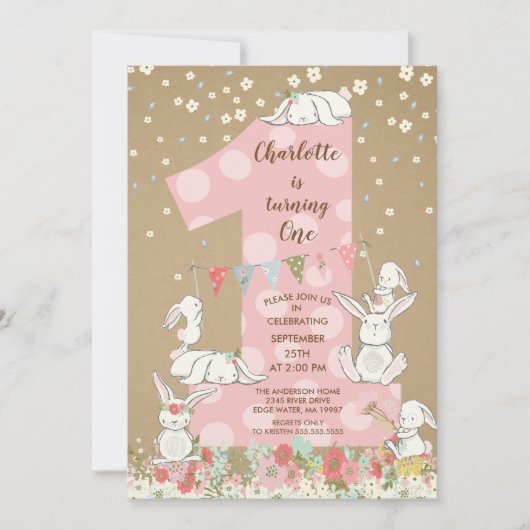Kraft Bunny Big One Girls Birthday Invitation Kaart (Voorkant)
