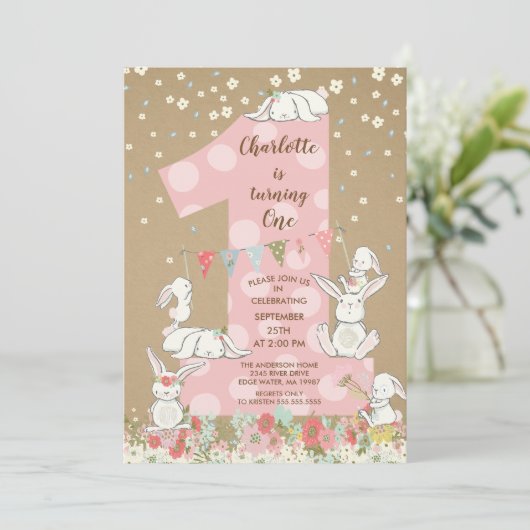 Kraft Bunny Big One Girls Birthday Invitation Kaart (Staand voorkant)
