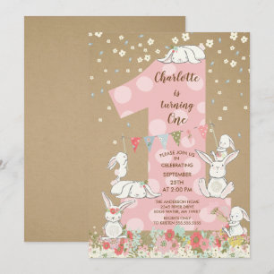 Kraft Bunny Big One Girls Birthday Invitation Kaart