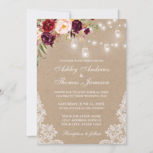 Kraft Burgundy Floral Lace Lights Wedding Invite (Voorkant)