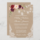 Kraft Burgundy Floral Lace Lights Wedding Invite (Voorkant / Achterkant)