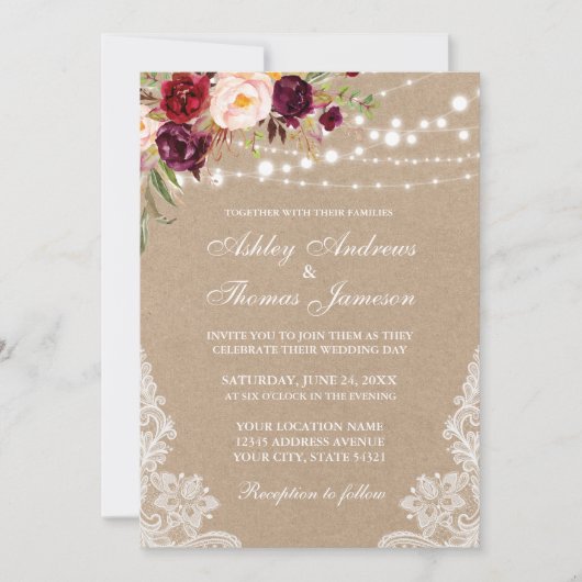 Kraft Burgundy Floral Lights Lace Wedding Invite (Voorkant)