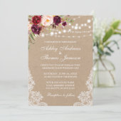 Kraft Burgundy Floral Lights Lace Wedding Invite (Staand voorkant)