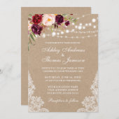 Kraft Burgundy Floral Lights Lace Wedding Invite (Voorkant / Achterkant)