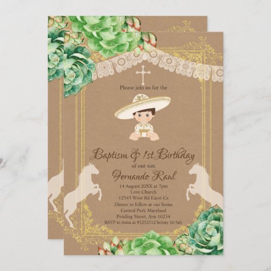 Kraft Cactus Fiesta Baptism and First Birthday Boy Kaart (Voorkant / Achterkant)