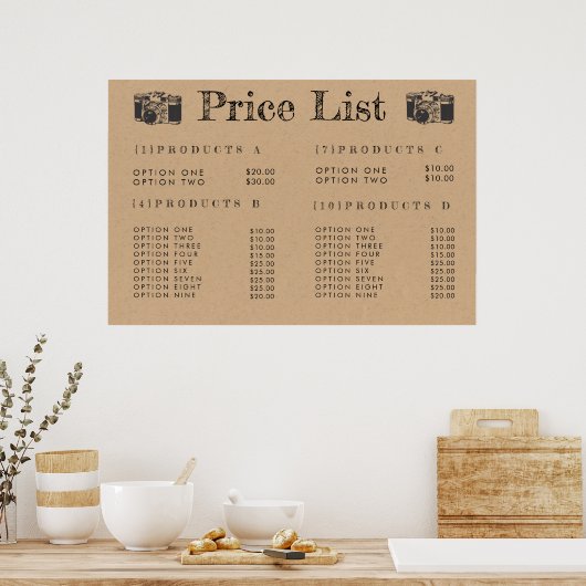 Kraft Camerafotograaf Prijs Menu Print Poster (Keuken)