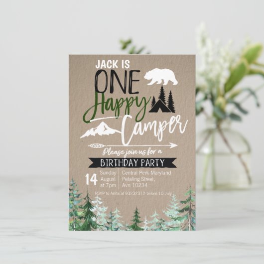 Kraft Camper 1e verjaardag Forest Camping Party Kaart (Staand voorkant)