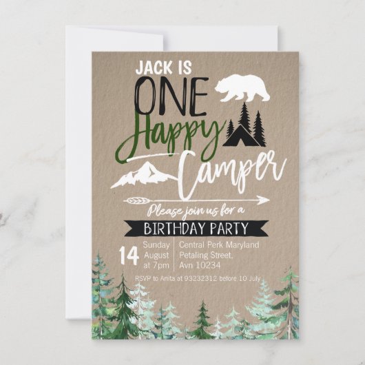Kraft Camper 1e verjaardag Forest Camping Party Kaart (Voorkant)