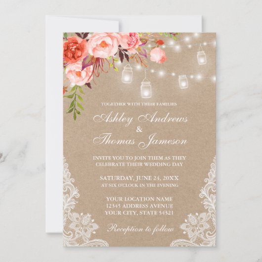 Kraft Coral Floral Jar Lights Lace Wedding Invite (Voorkant)