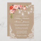 Kraft Coral Floral Jar Lights Lace Wedding Invite (Voorkant / Achterkant)