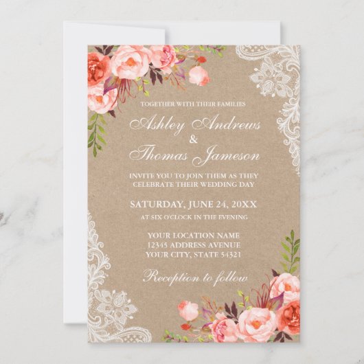 Kraft Coral Floral Lace Wedding Invite (Voorkant)