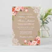 Kraft Coral Floral Lace Wedding Invite (Staand voorkant)