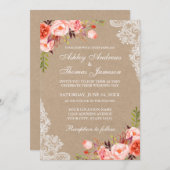 Kraft Coral Floral Lace Wedding Invite (Voorkant / Achterkant)