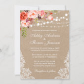 Kraft Coral Floral Lights Lace Wedding Invite (Voorkant)