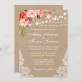 Kraft Coral Floral Lights Lace Wedding Invite (Voorkant / Achterkant)