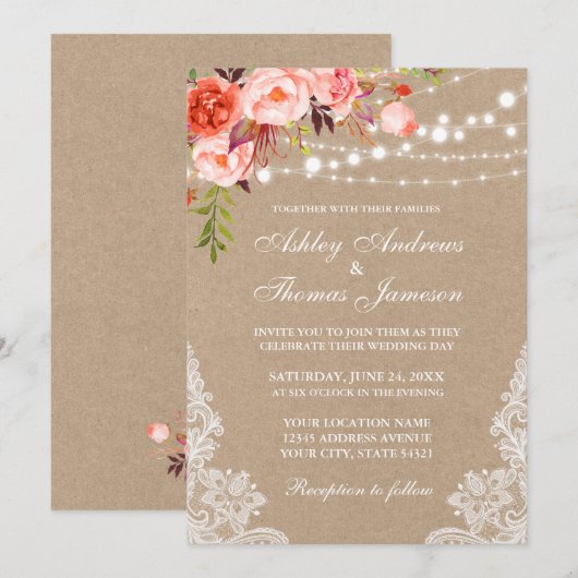 Kraft Coral Floral Lights Lace Wedding Invite (Voorkant / Achterkant)