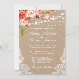 Kraft Coral Floral Lights Lace Wedding Invite