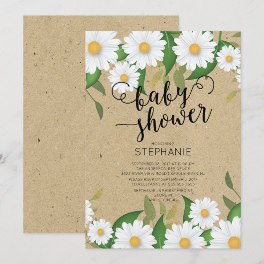 Kraft Daisy Flowers Baby shower Invitation Kaart (Voorkant / Achterkant)