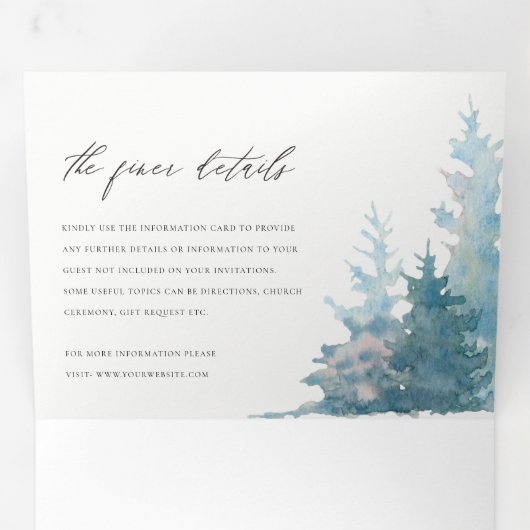 KRAFT DUSKY BLUE MOUNTAINS PINE WATERVERF WEDDING DRIELUIK UITNODIGING (Binnenzijde eerst)