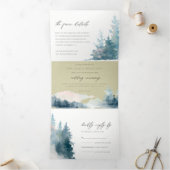 KRAFT DUSKY BLUE MOUNTAINS PINE WATERVERF WEDDING DRIELUIK UITNODIGING (Binnen)