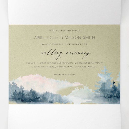 KRAFT DUSKY BLUE MOUNTAINS PINE WATERVERF WEDDING DRIELUIK UITNODIGING (Binnenkant midden)