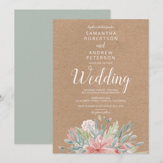 Kraft Dusty roze groene bloemen waterverf bruiloft Kaart (Voorkant / Achterkant)