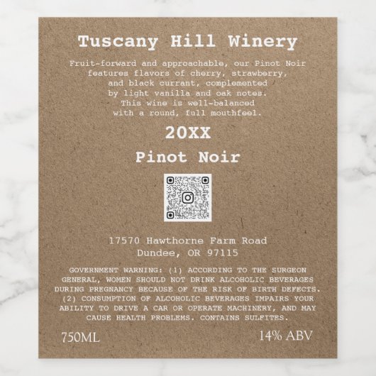 Kraft Effect Modern QR Code LOGO Beschrijving Wijn Etiket (Enkel label)