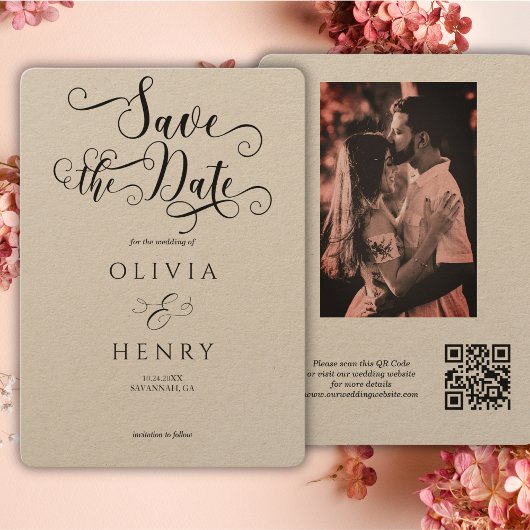 Kraft Elegant Kalligrafie Script Foto QR Code Save The Date