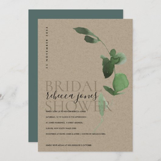 KRAFT EUCALYPTUS FOLIAGE WATERVERF VRIJGEZELLENFEE AANKONDIGING (Voorkant / Achterkant)