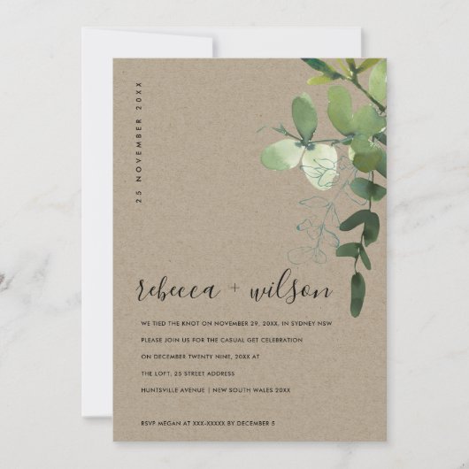 KRAFT EUCALYPTUS FOLIAGE WE TIENDE DE KNOT INVITE BEDANKKAART (Voorkant)