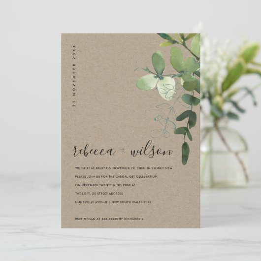 KRAFT EUCALYPTUS FOLIAGE WE TIENDE DE KNOT INVITE BEDANKKAART (Staand voorkant)
