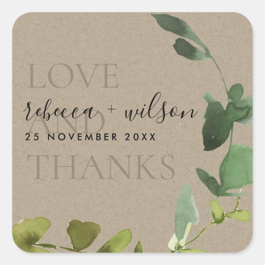 KRAFT EUCALYPTUS WATERVERF LOVE & BEDANKT WEDING VIERKANTE STICKER (Voorkant)