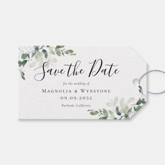 Kraft Eucalyptus Waterverf Wedding Save the Date Cadeaulabel (Voorkant (Horizontaal))