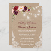 Kraft Floral Burgundy Lace Lights Wedding Invite (Voorkant / Achterkant)