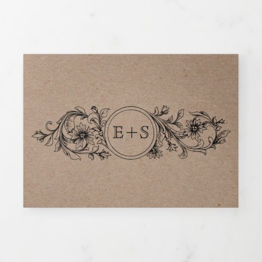 Kraft floral lijst met initialen bruiloft drieluik uitnodiging (Cover)