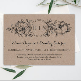 Kraft floral lijst met initialen bruiloft kaart