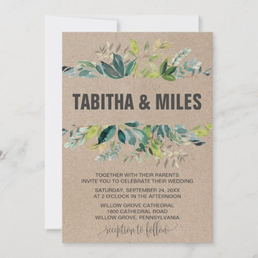 Kraft Foliage met Monogram Wreath Backing Wedding Kaart (Voorkant)